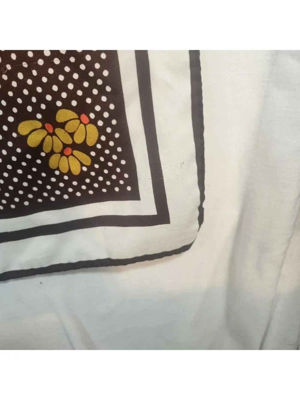 Vintage Brown Polka Dot Floral Square Scarf Yellow Flowers White Border 26in 70s